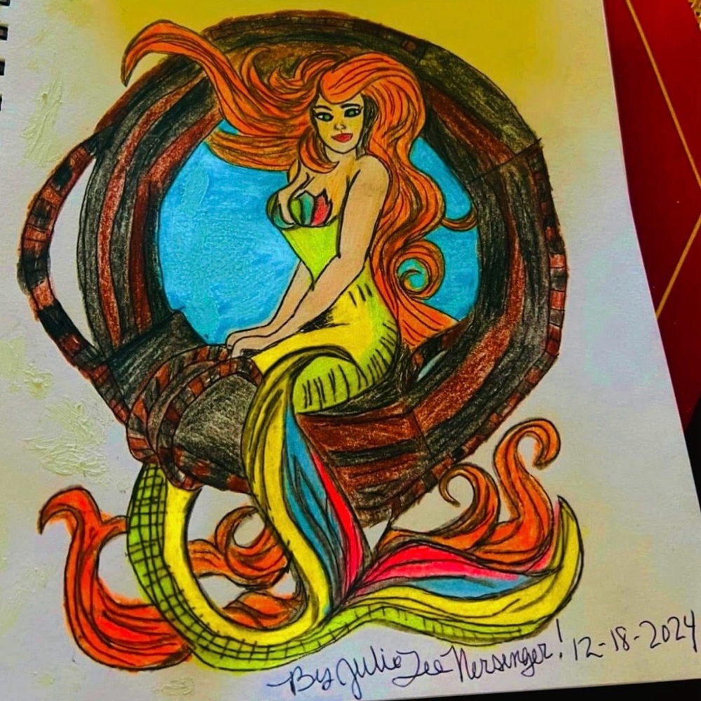 ( 0353) Women Mermaid Vibrant Orange Mermaid Graphic T-Shirt - Picture 6 of 9